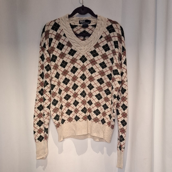 Vintage Polo By Ralph Lauren Argyle V-Neck Sweater - Silk Blend Size XL